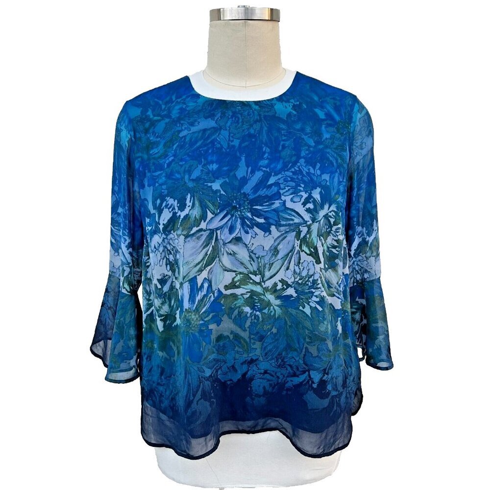 Calvin Klein Blouse Women's 1X Blue Watercolor Floral Boat Neck Flutter Sleeve